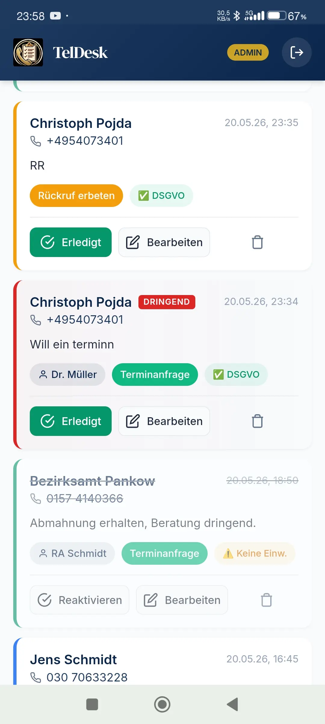 TelDesk auf dem Smartphone: Anrufkarten mit Tipp-zum-R&uuml;ckruf