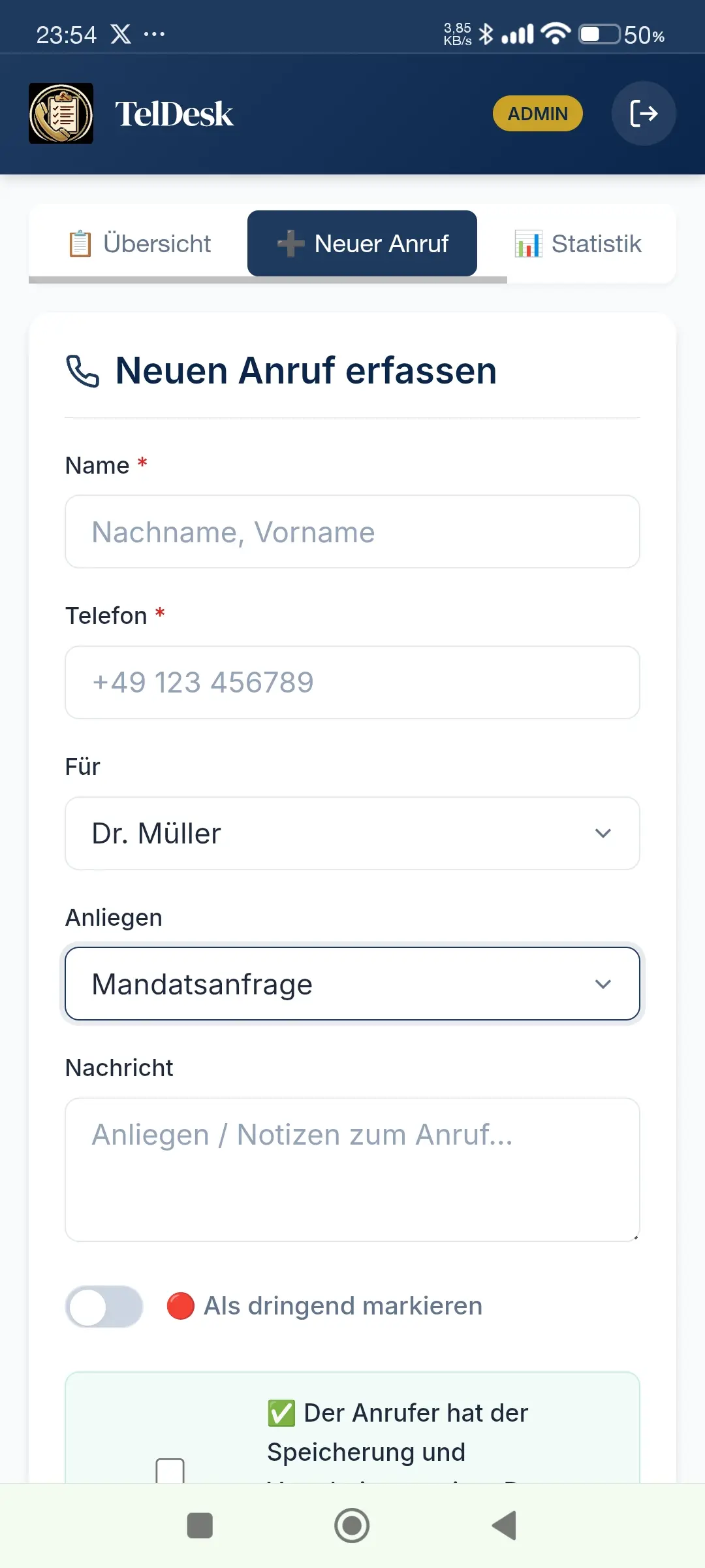 Neuer Anruf erfassen — Formular mit DSGVO-Einwilligungs-Checkbox